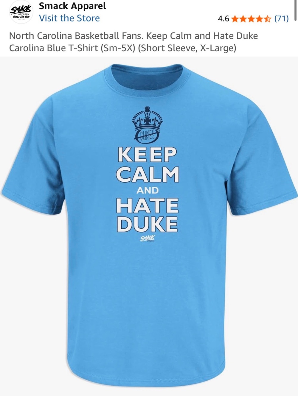 Gildan Carolina Blue "Keep Calm and Hate Duke" Short-Sleeve Tee